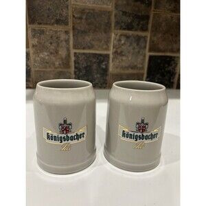 Pair Of 2 Vintage KONIGSBACHER Stoneware Beer Mug Stein Germany 0.4 Liter